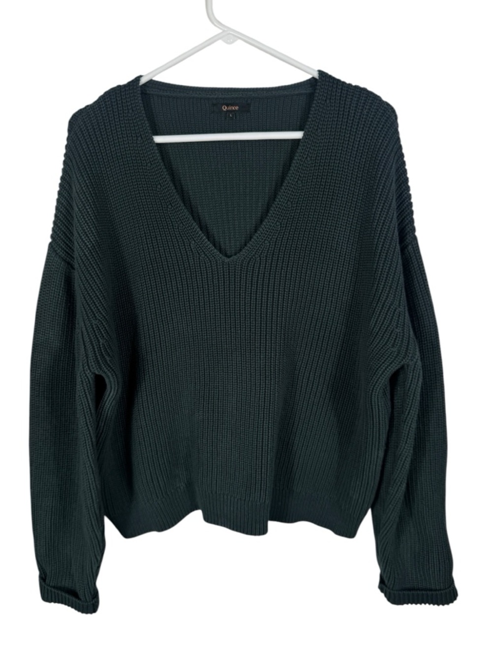 Quince 100% Organic Cotton Fisherman V-Neck Sweater in Dark Spruce, Size L - Picture 2 of 7